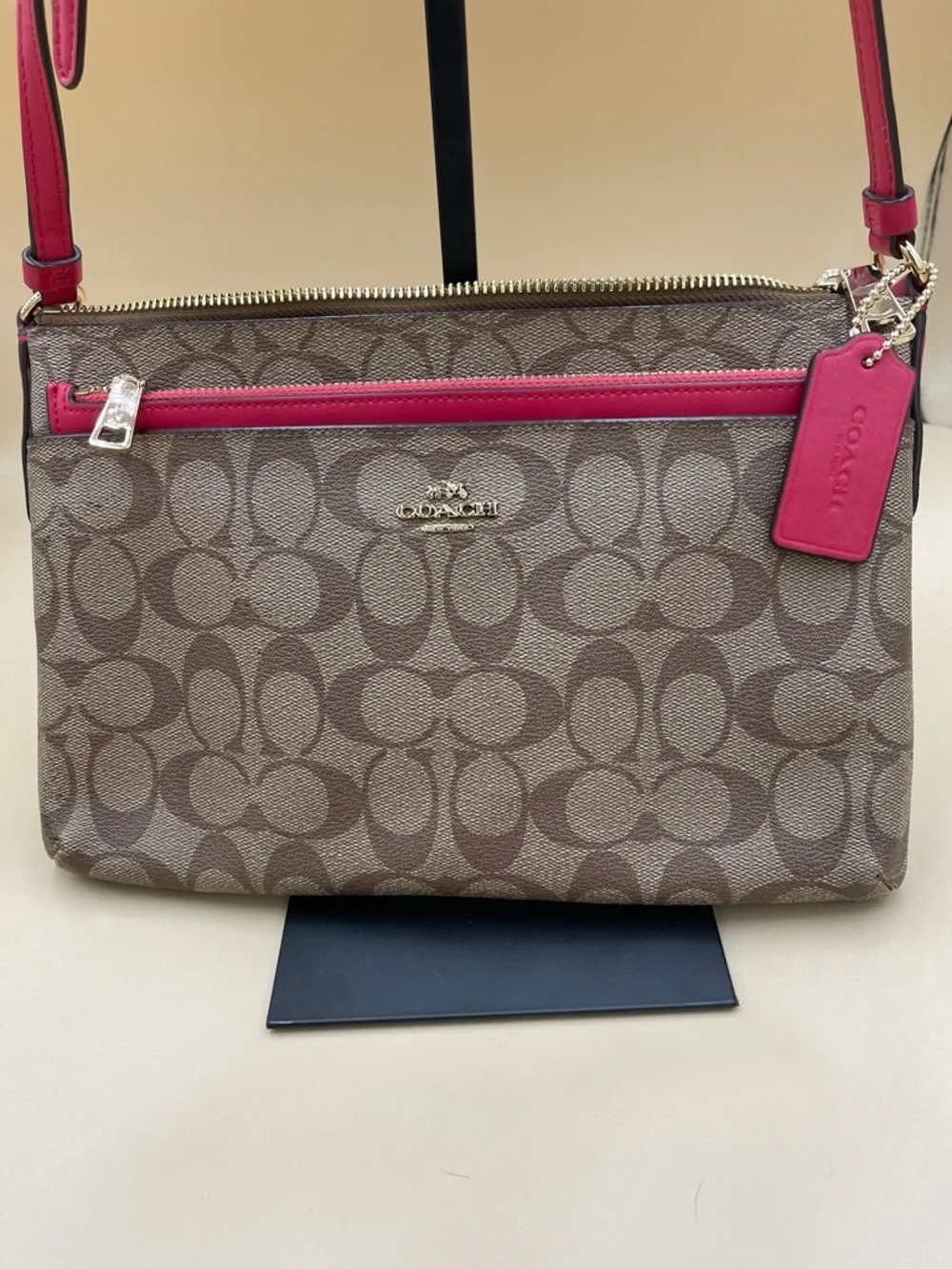 Coach Brown Signature Crossbody with Pink Trim and Removable Pouch Gold Zip